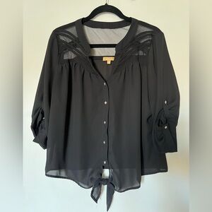 Takara Black Sheer Button-Up Blouse Size L